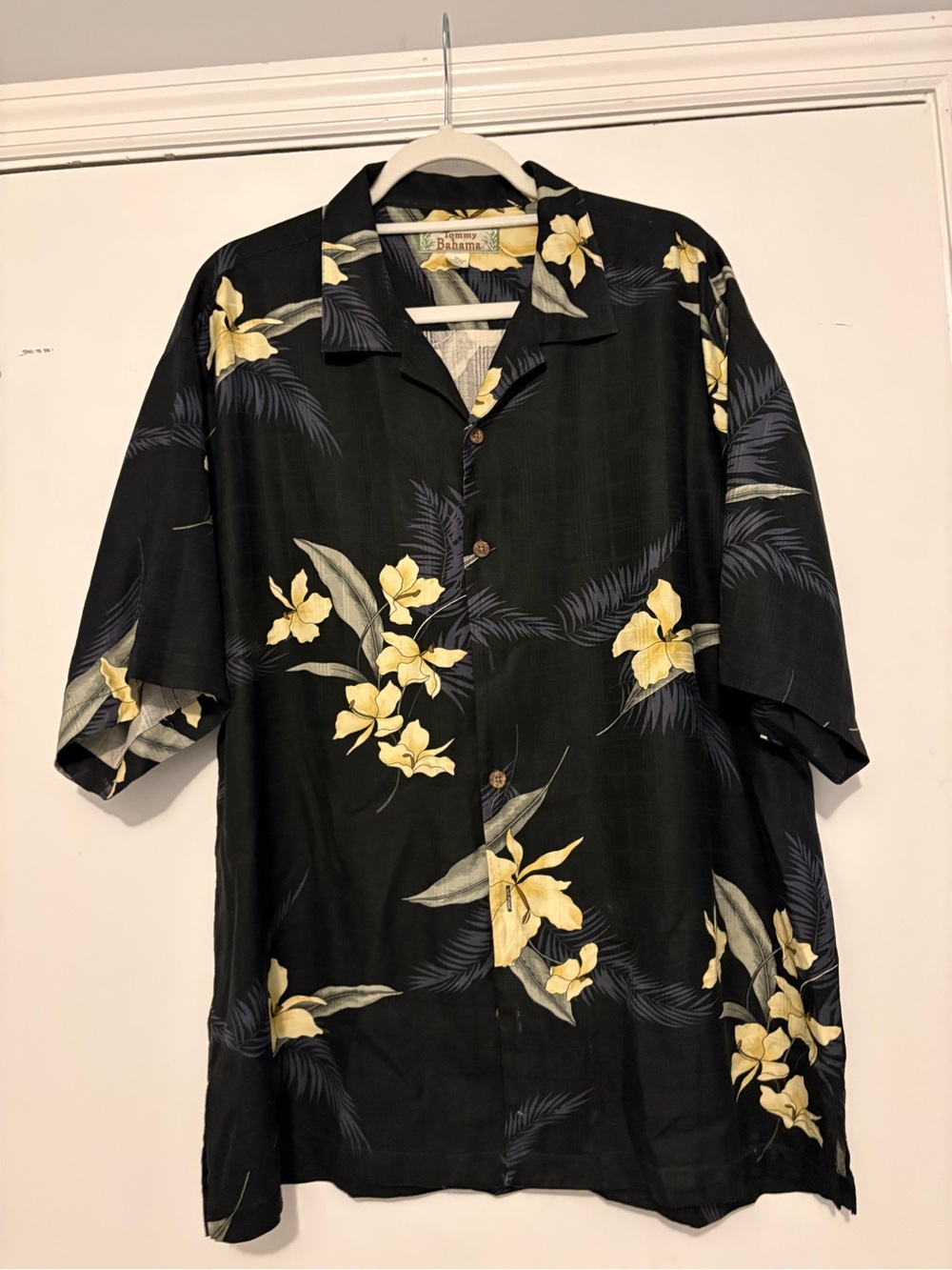 Tommy Bahama Black Hawaiian Shirt with Yellow Floral Print